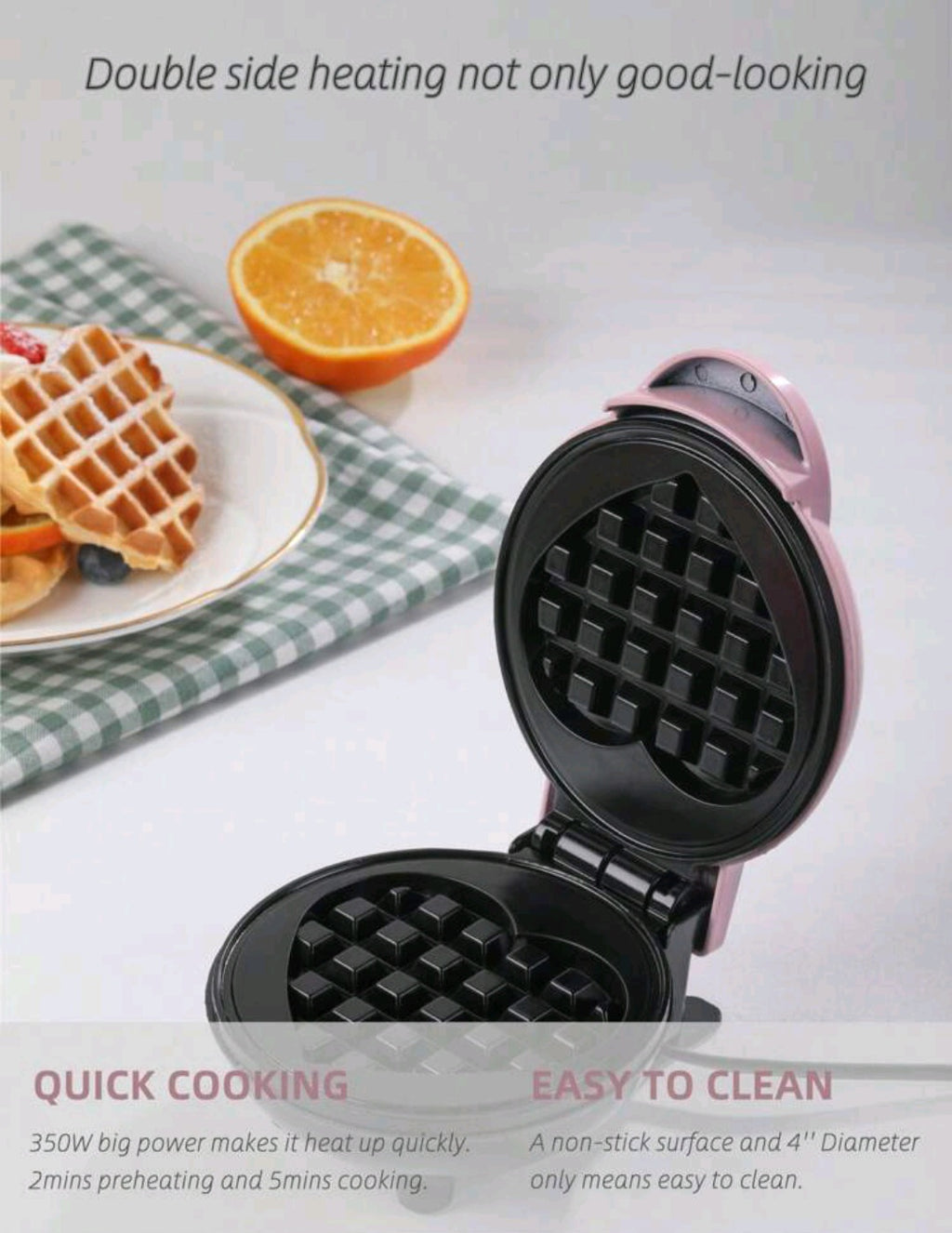 1pc Wall Plug 350-watt 4inch Mini Nonstick Pink Heart waffle Maker