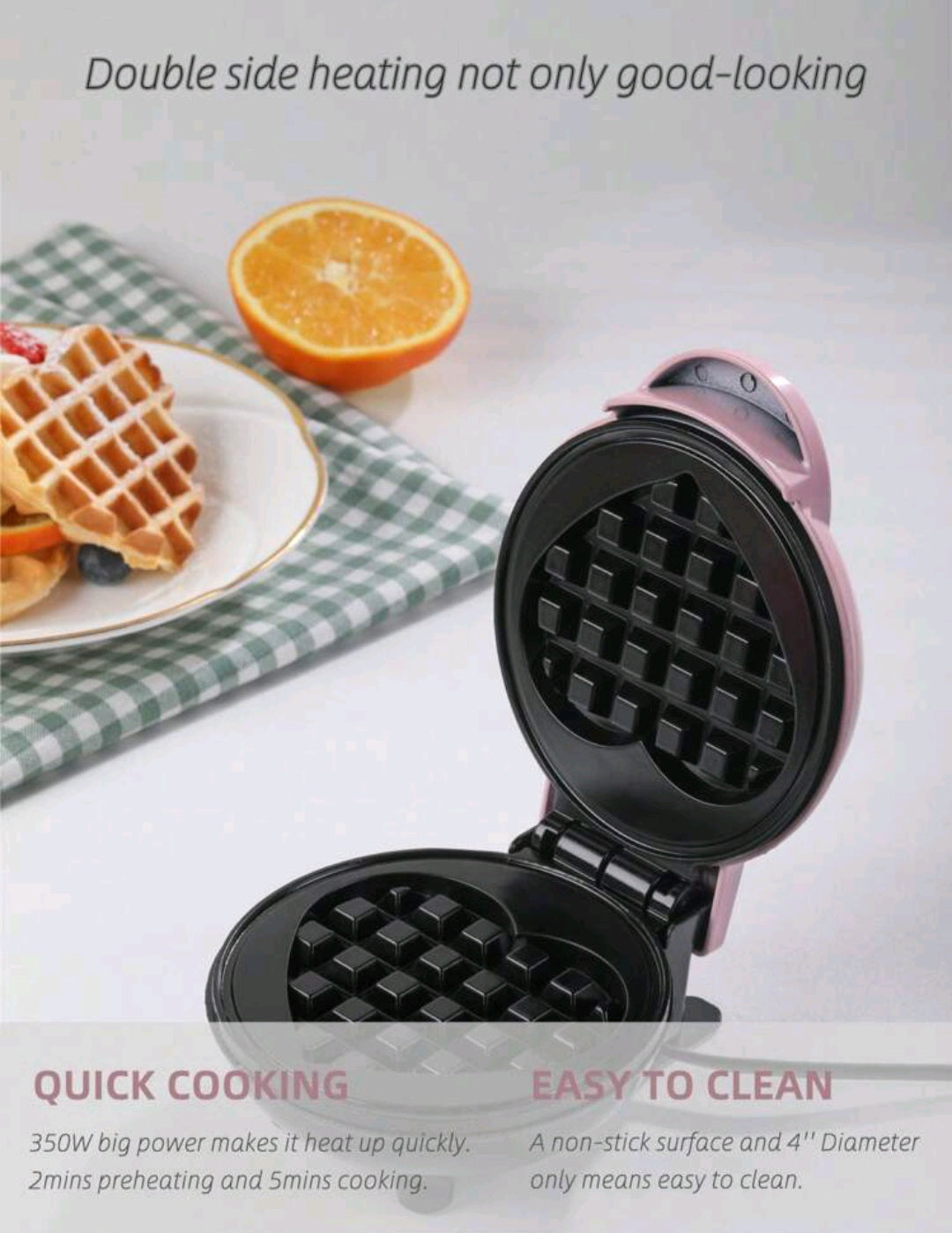 1pc Wall Plug 350-watt 4inch Mini Nonstick Pink Heart waffle Maker